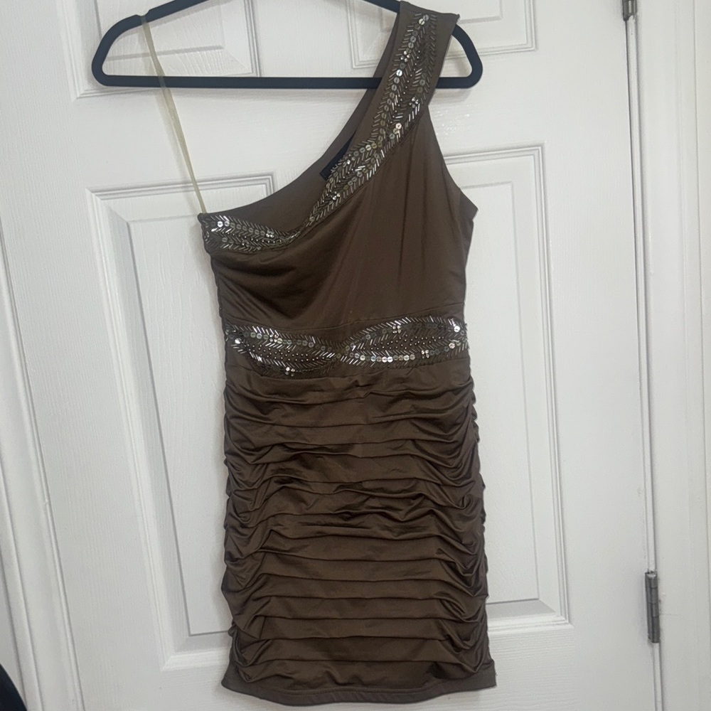 Elegant One-Shoulder Brown Dress with Silver Accents